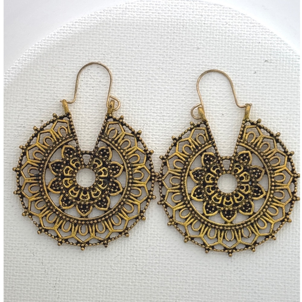 Earrings Brass Antique Gold Kidney Wire Bohemian Mandala Hoop Style New